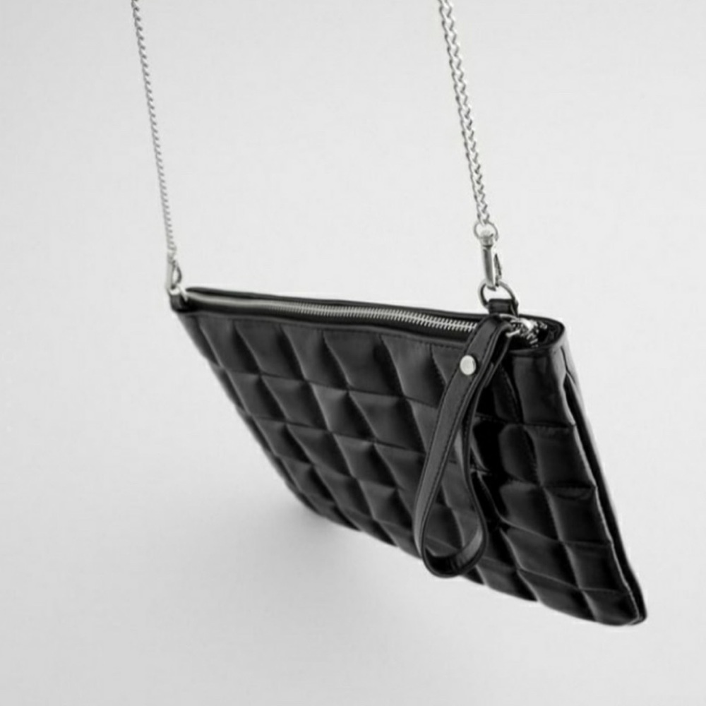 Zara Black  Quilted Clutch Black with Silver Chain NWT